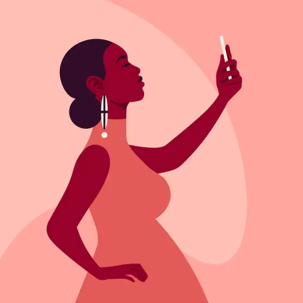 Vector illustration of Pregnant African woman takes a selfie with smartphone. A mother.