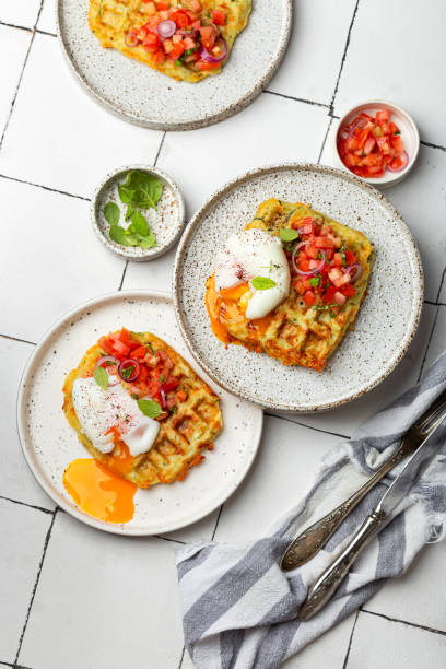 istock zucchini waffles with tomato tartare and poached egg 1414784492