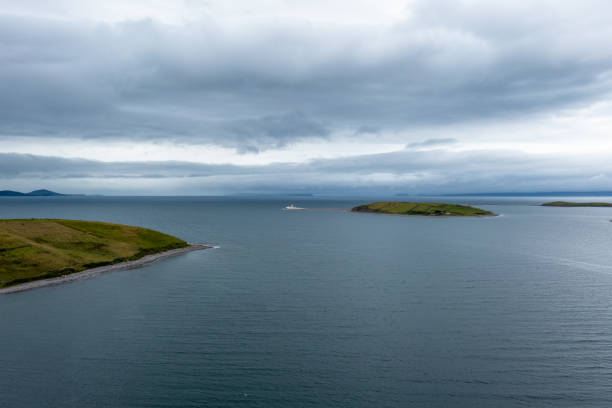 clew bay landscape with the clare island lighthouse and sunken drumlin in the distance - drumlin imagens e fotografias de stock