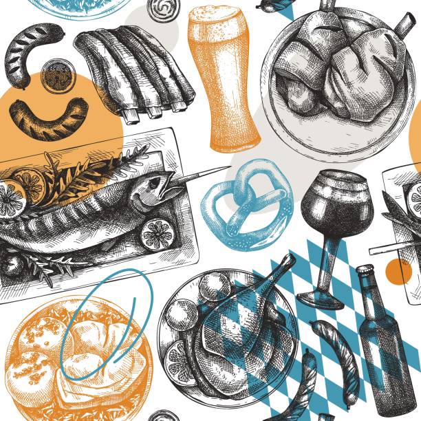 ilustrações, clipart, desenhos animados e ícones de oktoberfest padrão sem emendas - food vector barbecue pattern