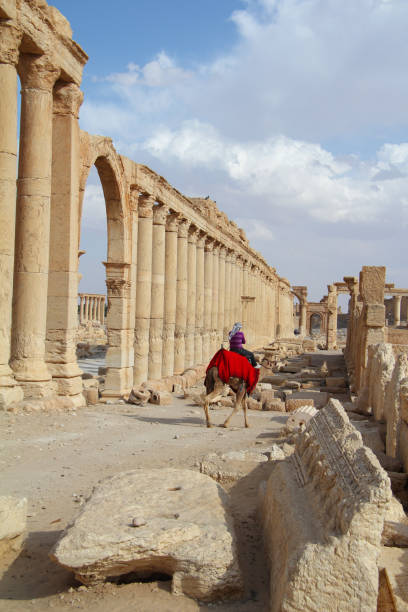 Palmyra, Syria - March 21, 2011: A Syrian man leads his camel through the ancient ruins of Palmyra. In both antiquity and today the city also goes by the name Tadmor.