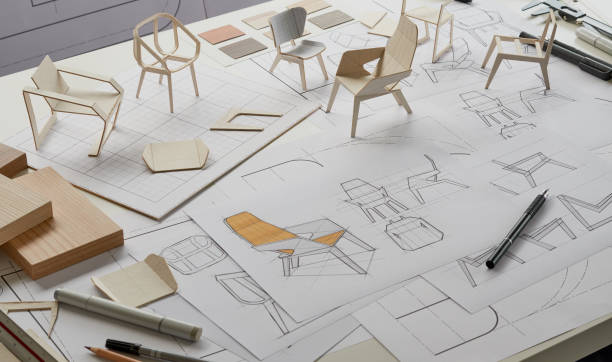 istock Designer sketching drawing design development product plan draft chair armchair Wingback Interior furniture prototype manufacturing production. designer studio concept . 1414787835