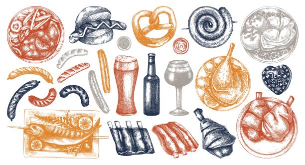 набор эскизов октоберфеста - meat bratwurst sausage sauerkraut stock illustrations
