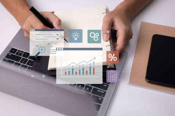 istock Online consultancy and training in business management. networking with executives and examining financial graphs. 1414790721