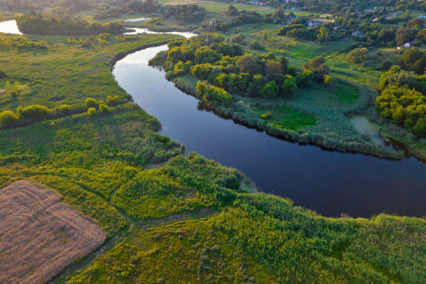istock Drone view over summer sunset river Ros landscape, Ukraine. 1414792975