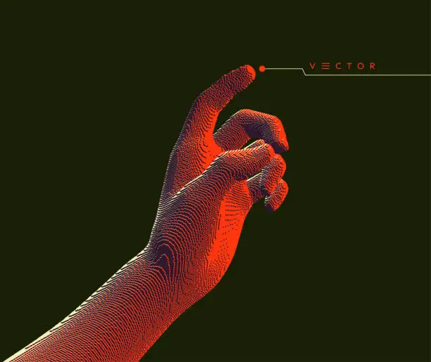 Vector illustration of The hand presses the index finger on the button a virtual interface.  Technologies of the future. Connection structure. 3D vector illustration for science, technology or education.