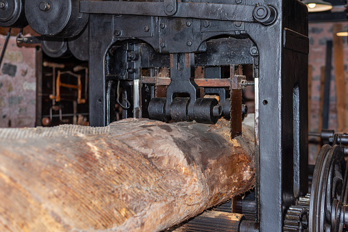 Old equipment at a destroyed coal-fired boiler with mechanical grate