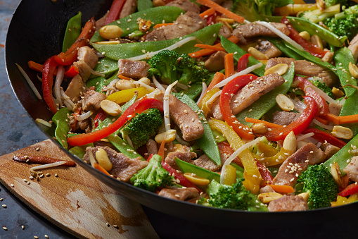 Pork Stir Fry with Mushrooms, Peppers, Broccoli, Bean Sprouts and Roasted Peanuts