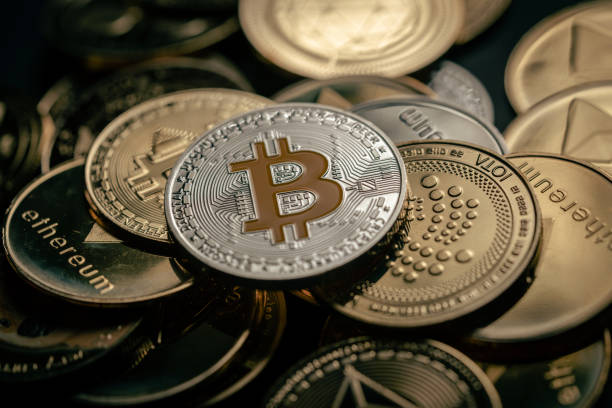 Silver bitcoin cryptocurrency stock photo