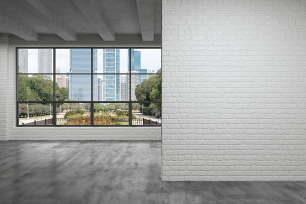 istock Downtown Chicago City Skyline Buildings Window background. Copy space white wall. Empty room Interior Skyscrapers View. Mockup concept. Day time. 3d rendering. 1414797189