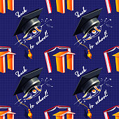 istock Back to school! Seamless pattern with academic cap, books and freehand drawings on chalkboard background. Stylish illustration for online order, web page, app design and print. 1414797202