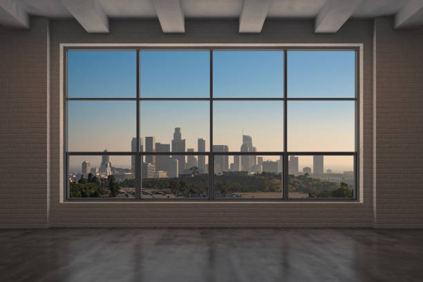 downtown los angeles city skyline buildings from high rise window. beautiful expensive real estate overlooking. epmty room interior skyscrapers view cityscape.sunset california. 3d rendering. - epmty imagens e fotografias de stock