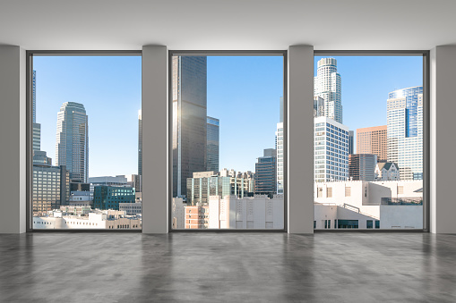 Downtown Los Angeles City Skyline Buildings from High Rise Window. Beautiful Expensive Real Estate overlooking. Epmty room Interior Skyscrapers View Cityscape. day time. California. 3d rendering.