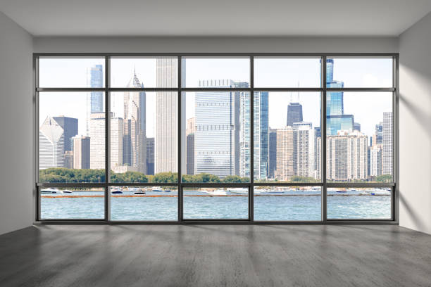 downtown chicago city skyline buildings from window. beautiful expensive real estate. epmty office room interior skyscrapers, view lake michigan waterfront, harbor. cityscape. day time. 3d rendering. - epmty imagens e fotografias de stock