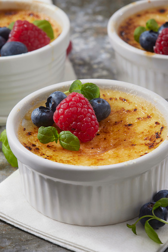 Classic Creme Brulee with Fresh Blueberries, Raspberries and Mint
