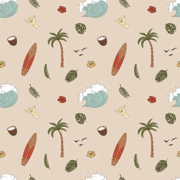 Vector illustration of Seamless pattern with hand-drawn elements with a surf theme. Wave, surf, palm trees and more.