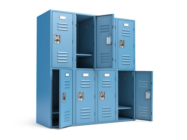istock Metal locker box with open doors isolated on white. 1414801504