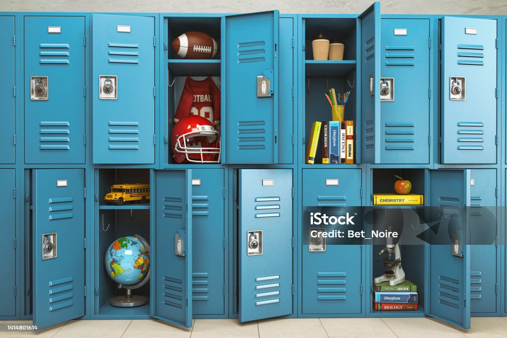School lockers with items, equipments and accessoires for education. Back to school. School lockers with items, equipments and accessoires for education. Back to school. 3d illustration High School Stock Photo