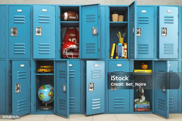 School Lockers With Items Equipments And Accessoires For Education Back To School Stock Photo - Download Image Now
