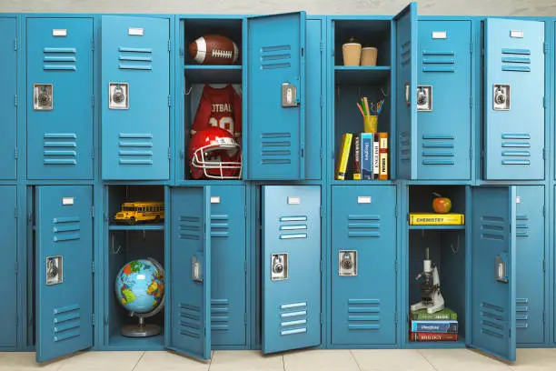School lockers with items, equipments and accessoires for education. Back to school. 3d illustration