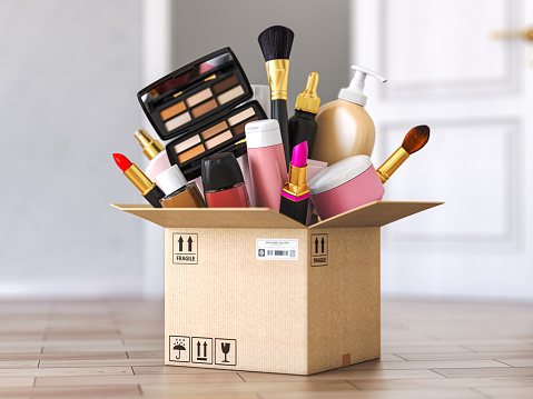 Cardboard box with cosmetics product in front od open door. Buying online and delivery cosmetics concept. 3d illustration