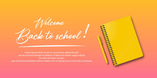 ilustraciones, imágenes clip art, dibujos animados e iconos de stock de vuelta al cole. vacaciones para estudiantes. concepto de banner vectorial con cuaderno y bolígrafo sobre fondo otoñal. pequeño texto escrito a mano de vuelta a la escuela. lugar para texto. cartel educativo. - book bonding backgrounds ring binder