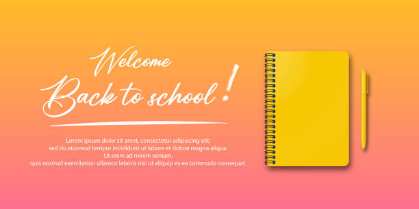 ilustraciones, imágenes clip art, dibujos animados e iconos de stock de vuelta al cole. vacaciones para estudiantes. concepto de banner vectorial con cuaderno y bolígrafo sobre fondo otoñal. pequeño texto escrito a mano de vuelta a la escuela. lugar para texto. cartel educativo. - book bonding backgrounds ring binder