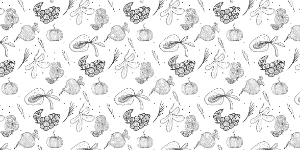 Fruits and vegetables seamless pattern, black and white fiddle leaf fig on white background, line art ink drawing