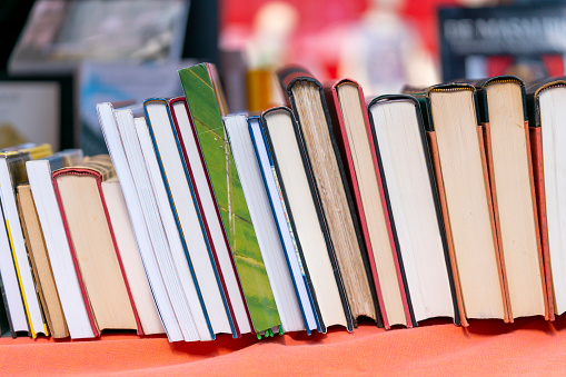 Second-hand hardback books in a row are being sold at a book market in Dordrecht in the Netherlands. Hollands second-hand literature event is held annually in the summer.