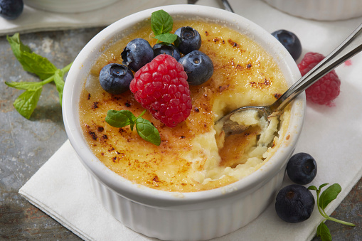Classic Creme Brulee with Fresh Blueberries, Raspberries and Mint