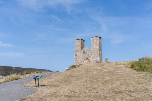 Ruins of St Mary's Church in Reculver, it was founded in the 7th century as either a minster or a monastery on the site of a Roman fort at Reculver, Kent.