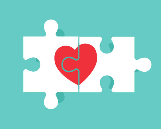 ilustrações de stock, clip art, desenhos animados e ícones de pieces of a connected white puzzle with red heart isolated on blue background. the symbol of the love. happy valentine's day concept. vector illustration in flat design. - heart heart shape image ideas