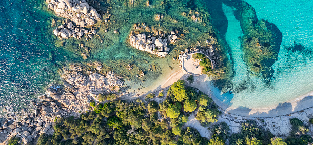 Aerial view of rocks at Palombaggia beach, Corsica