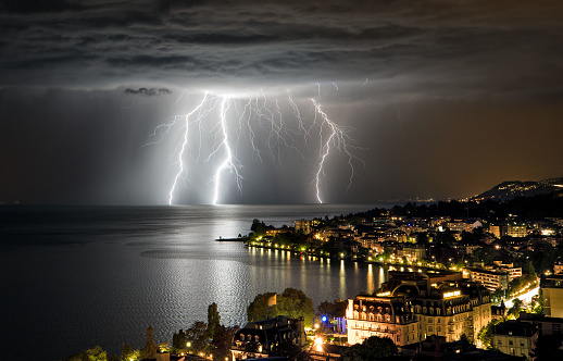 Montreux, Switzerland - May 13, 2017: storm and lightning on Lake Geneva