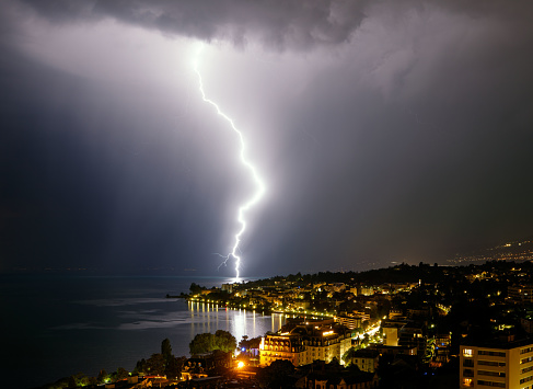 Montreux, Switzerland – June 25, 2020: storm and lightning on Lake Geneva