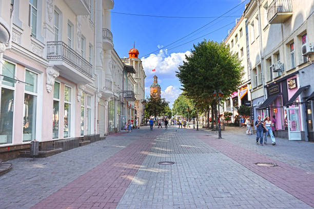 View of Mykola Ovodov Street and old water tower square, now museum in Historical center of the city Vinnytsia, Ukraine - August 06, 2022: View of Mykola Ovodov Street and old water tower square, now museum in Historical center of the city vinnytsia stock pictures, royalty-free photos & images