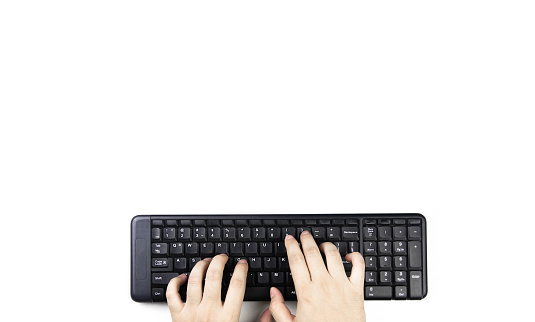 Top view of hand using keyboard to search the data network Print work on a white desk. with copy space and design