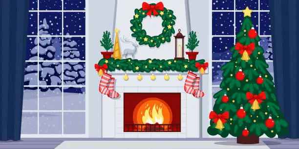 Vector illustration of Decorated christmas interior with fireplace.