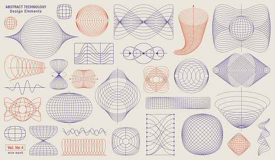Abstract technology collection of design elements. Wire mesh line art. Retro abstract design elements.