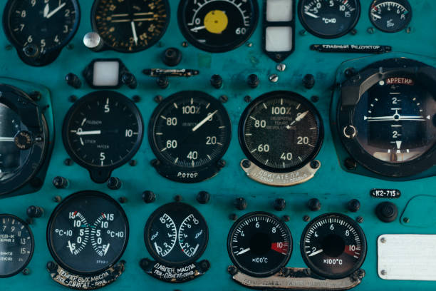 istock Toggle switches old soviet helicopter mi2 many text Russian language which translates Light danger Beacon Suspension Cargo Dump Tactical Emergency 1414808205