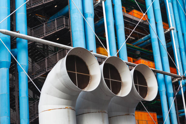 Ventilation shafts of Centre Georges Pompidou Ventilation shafts of Centre Georges Pompidou in Paris . Communications and Ventilation pipes outside the Pompidou Museum pompidou center stock pictures, royalty-free photos & images