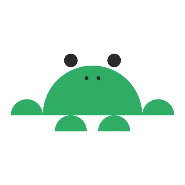 Vector illustration of Green frog symbol made of semicircular geometric shapes, simple comic illustration of a toad front view.