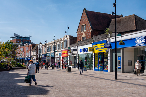 Shoppers in a pedestrianised area of the High Street in Bromley, a suburban town in Greater London which is also in North West Kent.