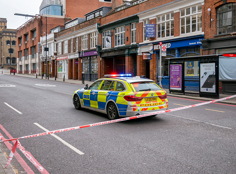 A Metropolitan Police car attending an incident in Tower Bridge Road, Southwark, in South East London.