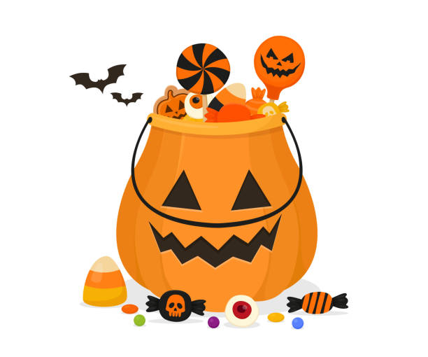 конфеты на хэллоуин в тыкве. побалуйте хэллоуин тыквенной корзиной сладостями и конфетами. - halloween candy illustrations stock illustrations
