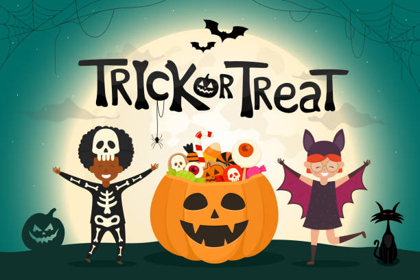 ilustrações de stock, clip art, desenhos animados e ícones de trick or treat. halloween pumpkin with candies. halloween kids costume party. - halloween witch child pumpkin