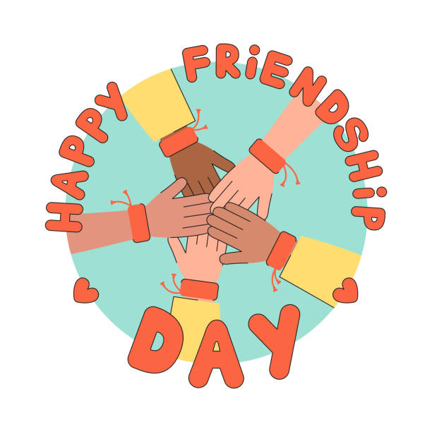 Friends holding hands in friendship bracelets Friends holding hands in friendship bracelets. Happy friendship day greeting card design. DIY wristbands 21st century style stock illustrations