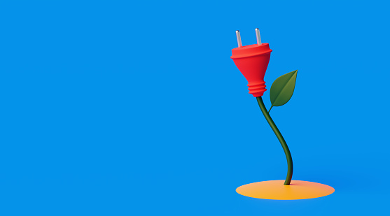 Flower-shaped plug for green and clean energies to avoid climate change with copy space. 3d rendering with blue background about ecologism and responsible use of renewable energies.