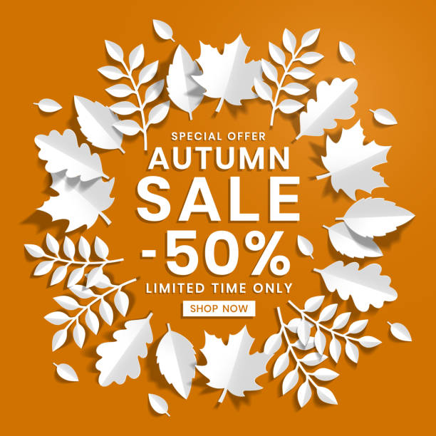 Autumn special offer sale, with white paper cut autumn leaves background vector art illustration