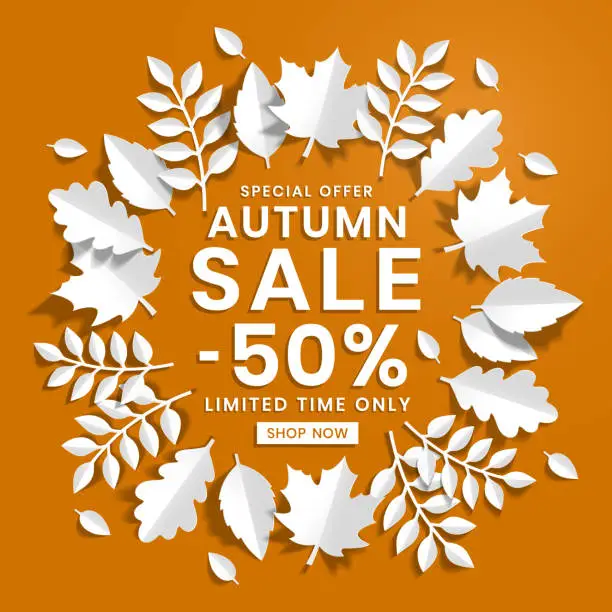 Vector illustration of Autumn special offer sale, with white paper cut autumn leaves background